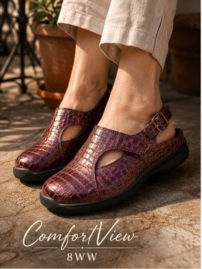 ComfortView Maroon Croc Embossed Comfort Flats 8WW Wide Slingback Shoes